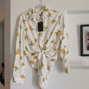Jane and Delancey Lemon Print Button Down Shirt - White with Yellow and Green